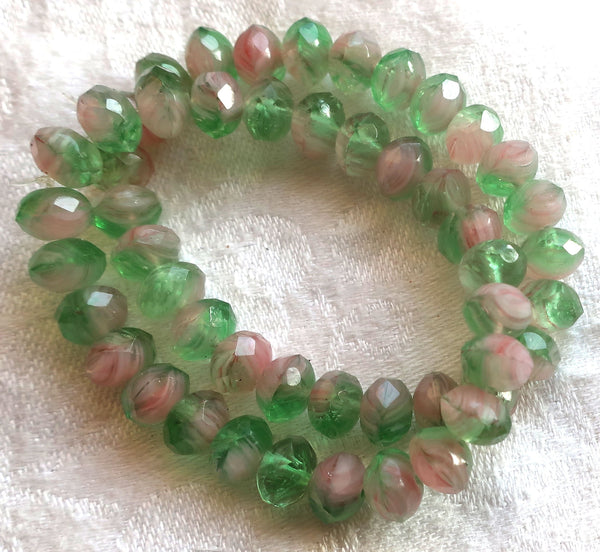25 6 x 9mm Czech glass puffy rondelles, marbled multicolored mix of milky pink & transparent green faceted puffy rondelle beads, C76225