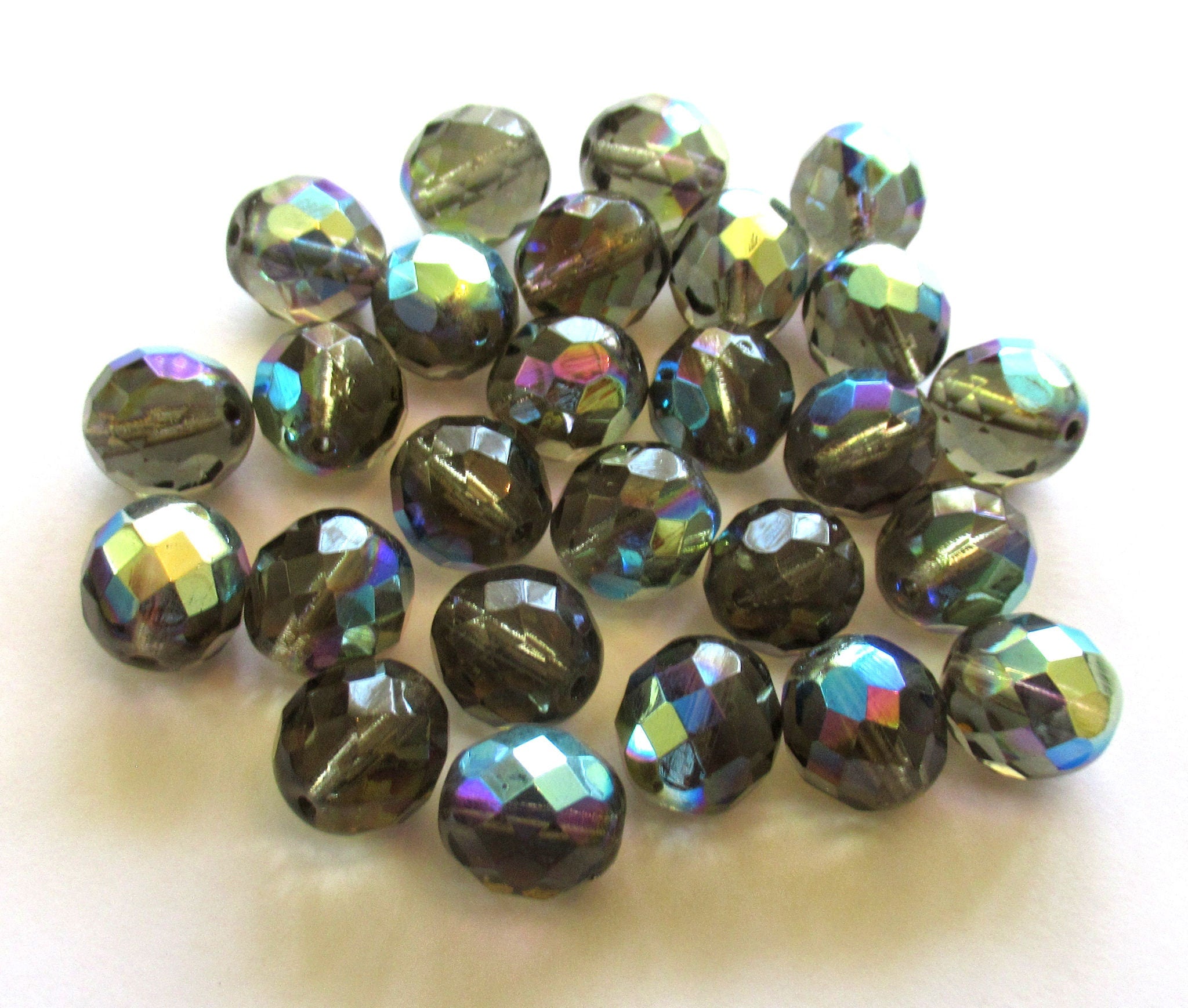 Ten 12mm Czech glass beads - Black Diamond AB faceted fire polished round glass beads C00301