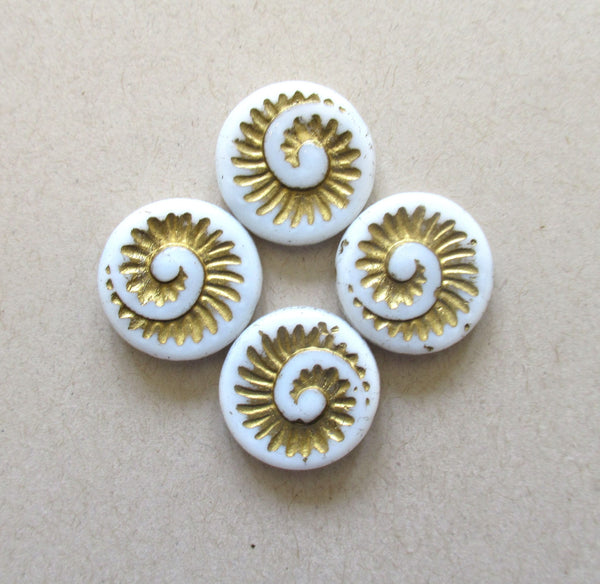 Four large Czech glass snail fossil beads - 18mm opaque white with a gold wash - coin / disc / focal beads C0054