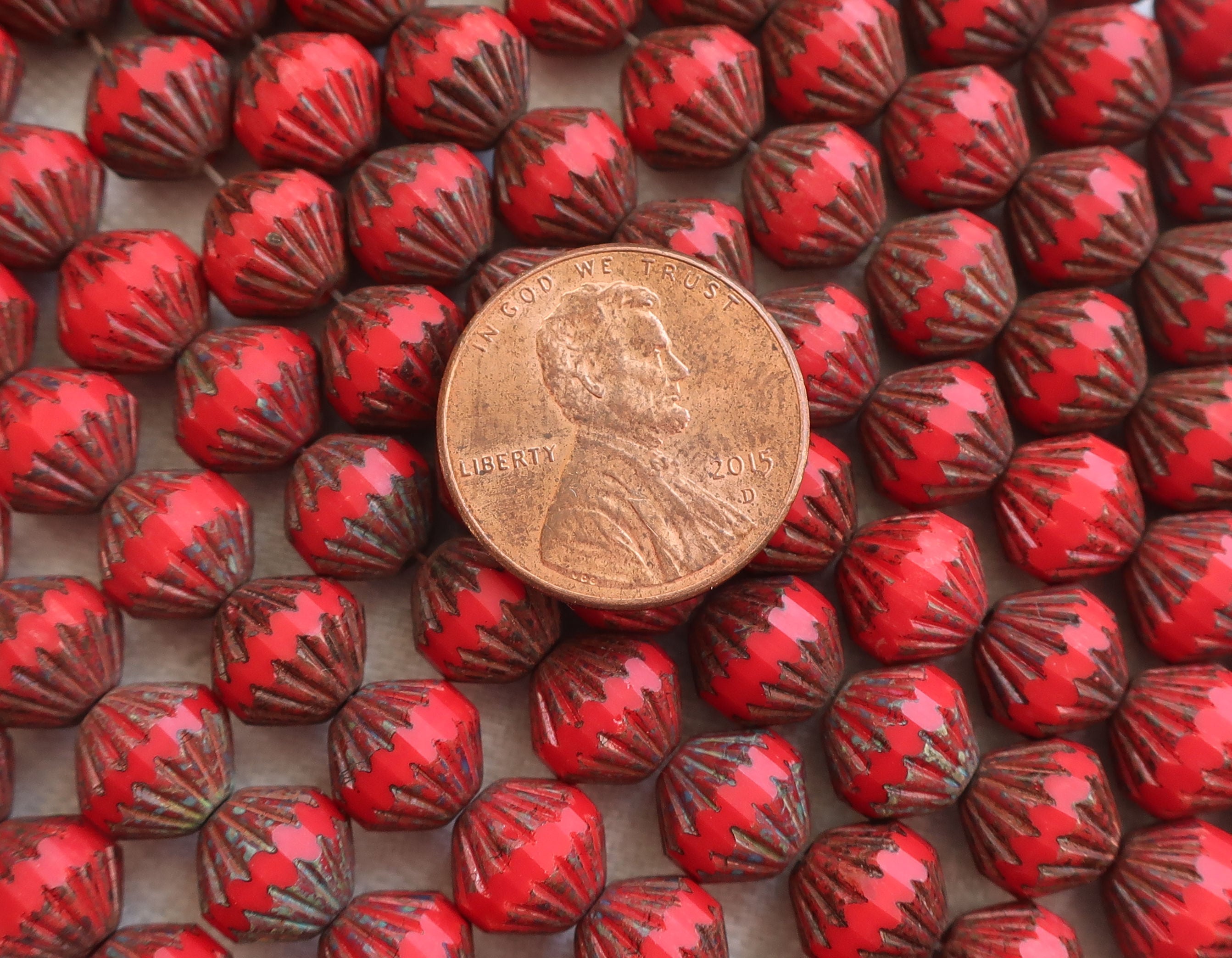 Lot of 15 9mm Opaque Red Picasso bicones, chunky, rustic, pressed glass Czech bicone beads, C94115
