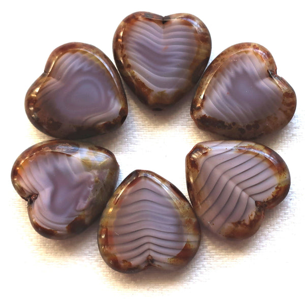 Six Czech glass heart beads; 16mm table cut, marbled silk, satin opaque purple, amethyst hearts with a picasso finish C6906 - Glorious Glass Beads