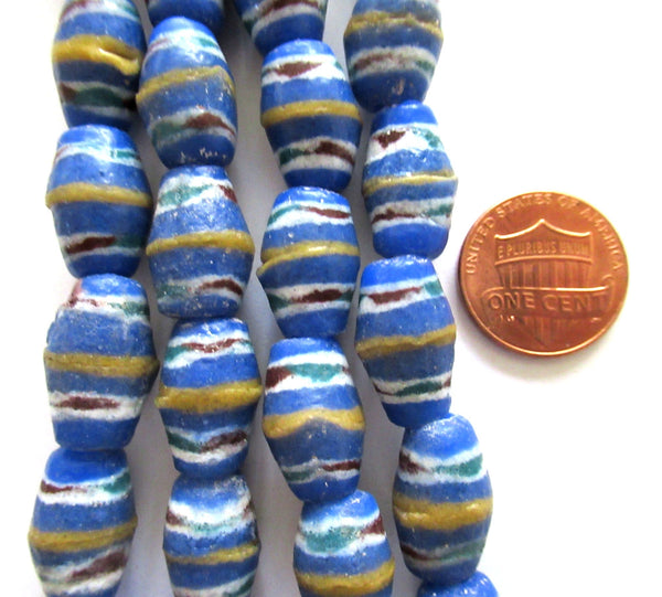 Six African Ghana sand cast recycled glass oval bicone beads - 17 -15mm x 10 - 11mm blue striped big hole rustic, earthy beads C11510