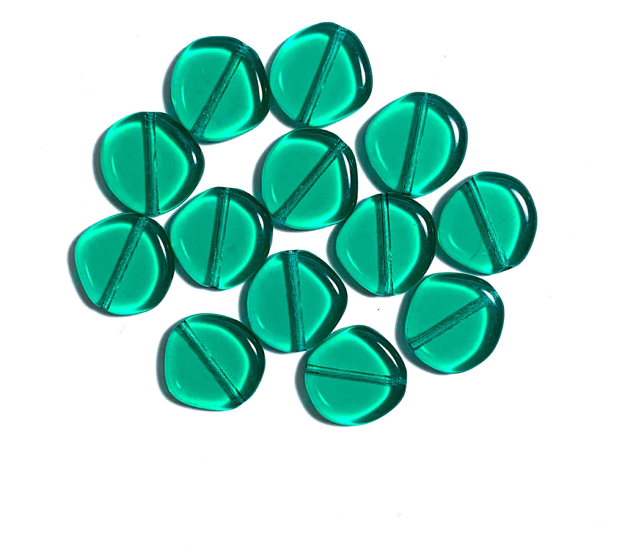 Ten 15mm Czech glass asymmetrical coin or disc beads - teal blue green beads - C0084