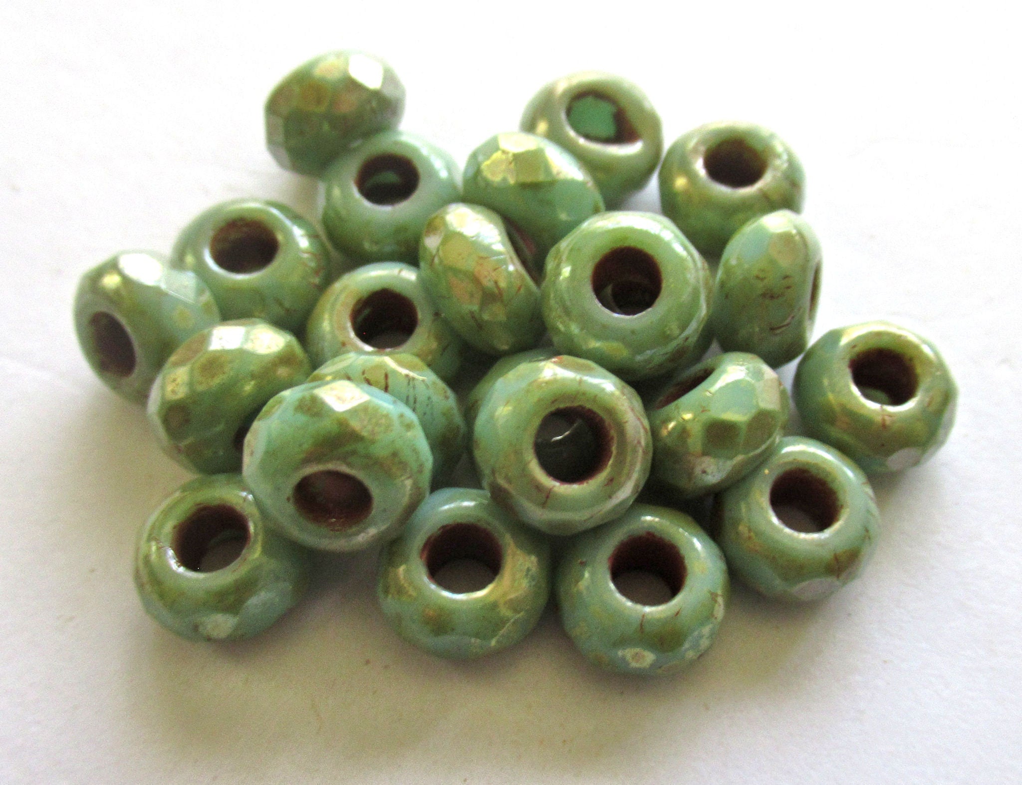 Ten 6 x 9mm turquoise green picasso Czech glass beads, faceted round roller, rondelle beads - big 3.5mm hole beads C0441