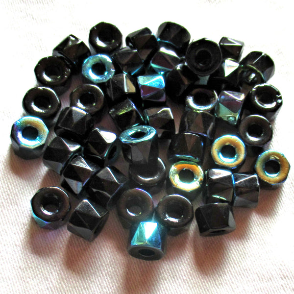 Lot of 25 9mm faceted Czech glass pony roller beads, - fire polished jet black AB large hole beads