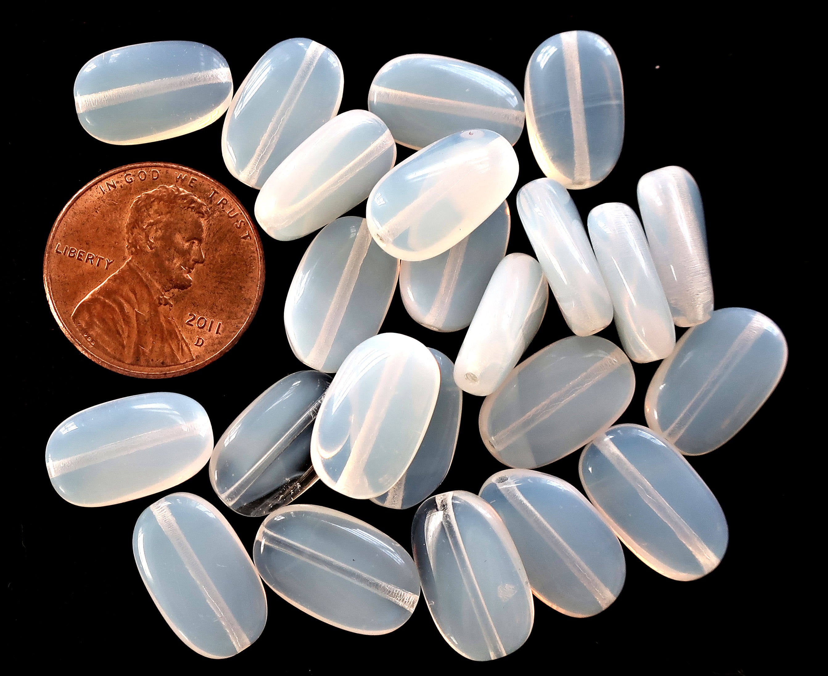 Lot of 25 translucent milky white slightly twisted oval Czech Glass beads, 14mm x 8mm pressed glass beads C0625 - Glorious Glass Beads