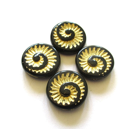 Four large Czech glass snail fossil beads - 18mm opaque jet black with a gold wash - coin / disc / focal beads C0054