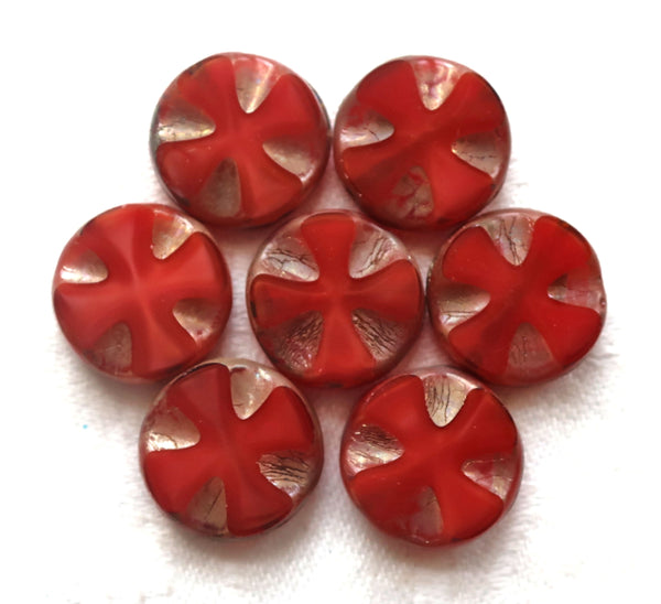 Five Czech glass beads, table-cut, carved, disc or coin beads, marbled tomato red Celtic, Iron cross with a silvery picasso finish C00101