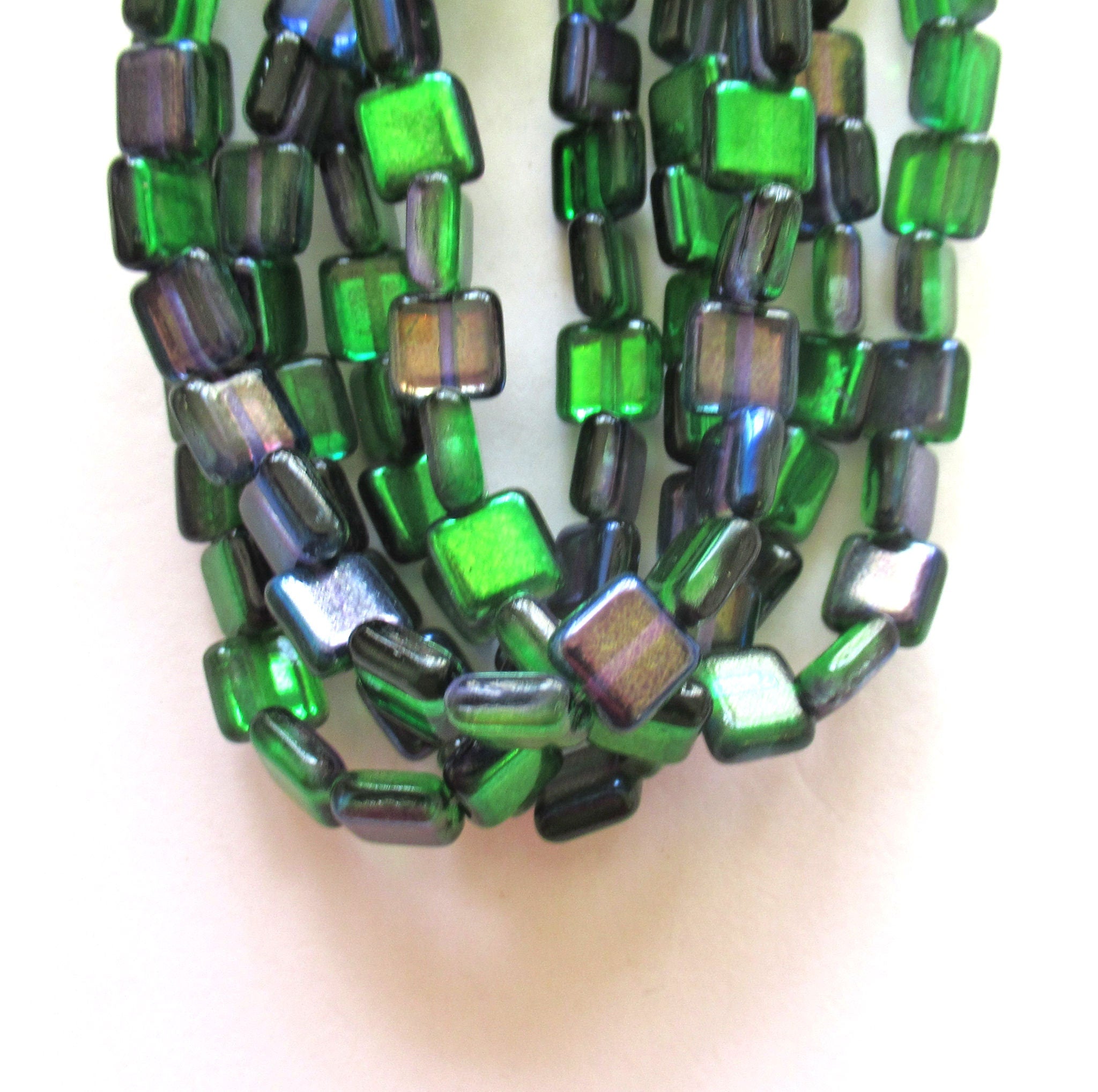 30 8mm one hole square Czedh glass beads - blue & green color mix beads 00211