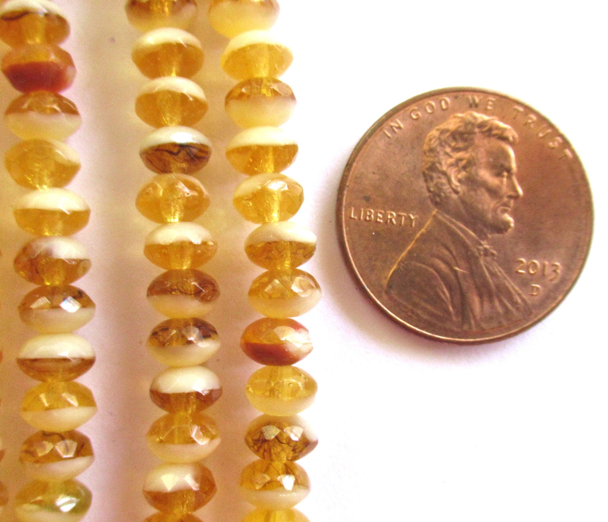 38 small Czech glass puffy rondelle spacer beads - 3 x 5mm faceted amber & white rondelles C0016