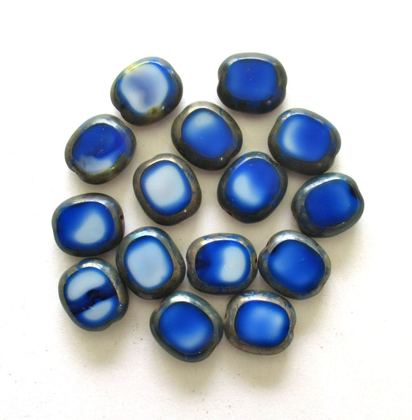 Six Czech glass oval beads - thick 14 x 12mm opaque marbled royal blue & white glass table cut window beads with picasso accents C00231