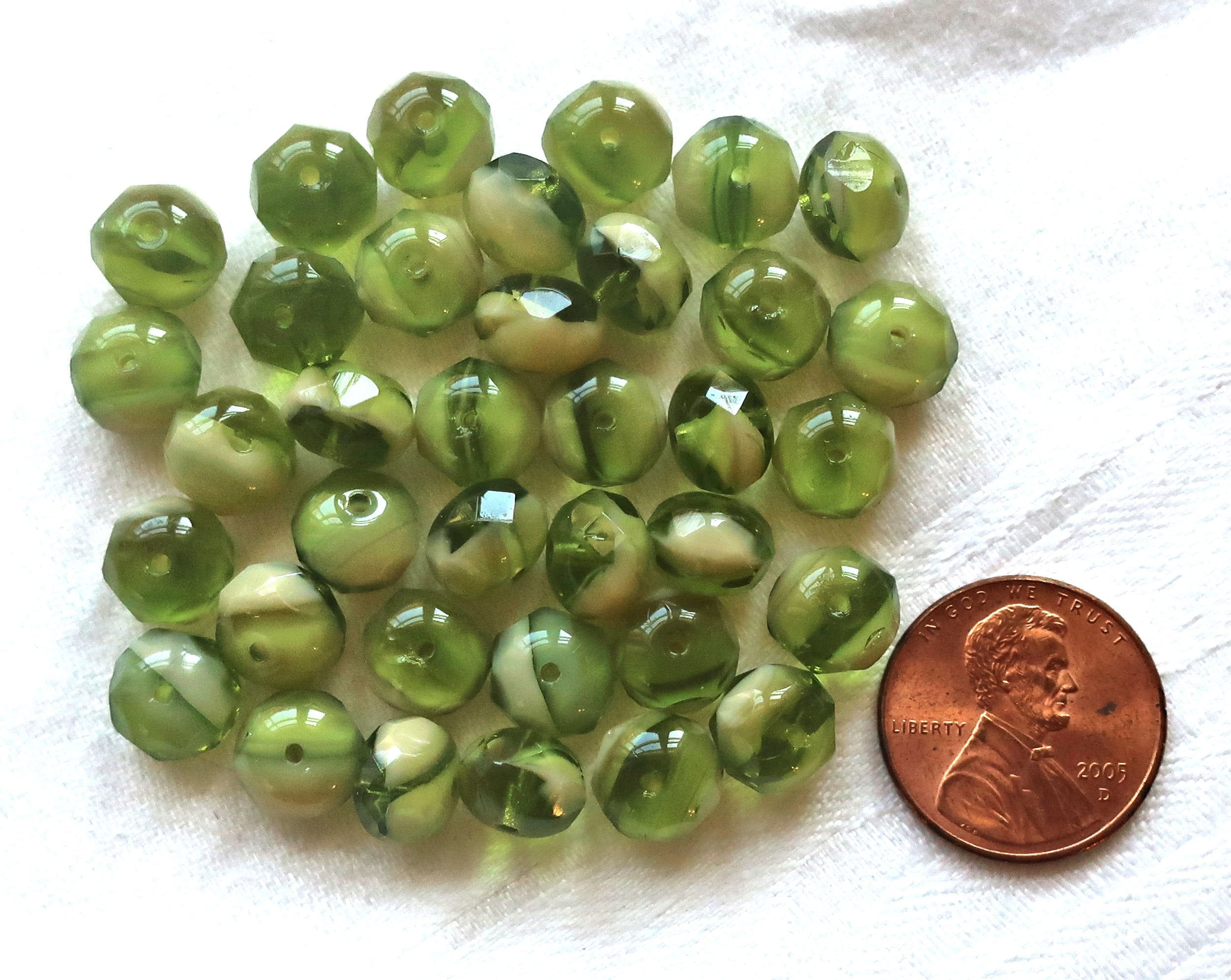25 faceted Czech glass puffy rondelle beads, 8 x 6mm transparent & opaque marbled olivine green and white mix rondelles on sale 03101 - Glorious Glass Beads