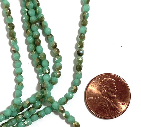 Lot of 50 3mm opaque turquoise green celsian Czech glass beads, round, faceted fire polished beads C0004
