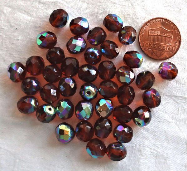 Lot of 25 8mm Czech glass beads, dark brown., Madeira Topaz, AB, faceted round firepolished glass beads C1625 - Glorious Glass Beads