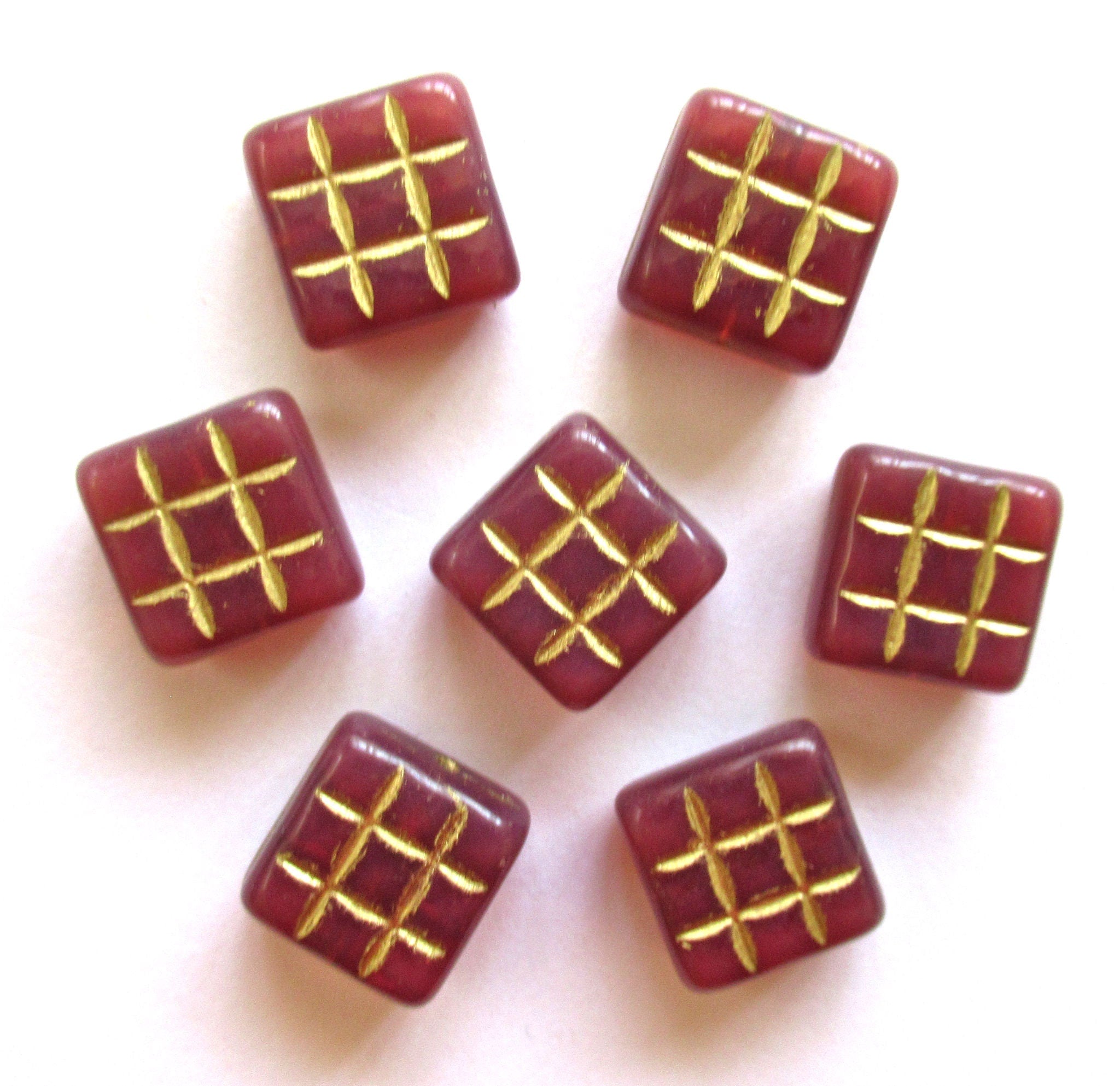 Six large 13 x 13mm square Czech glass beads - 6mm thick translucent pink beads with gold accents - 00121
