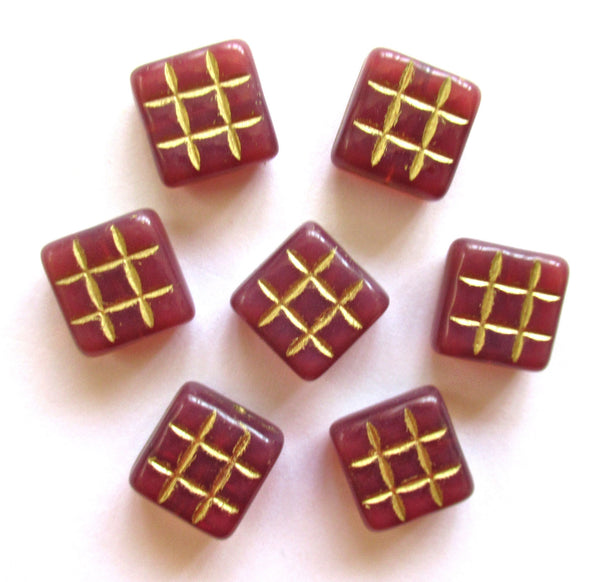 Six large 13 x 13mm square table cut carved Czech glass beads - 6mm thick translucent pink beads with gold accents - 00121