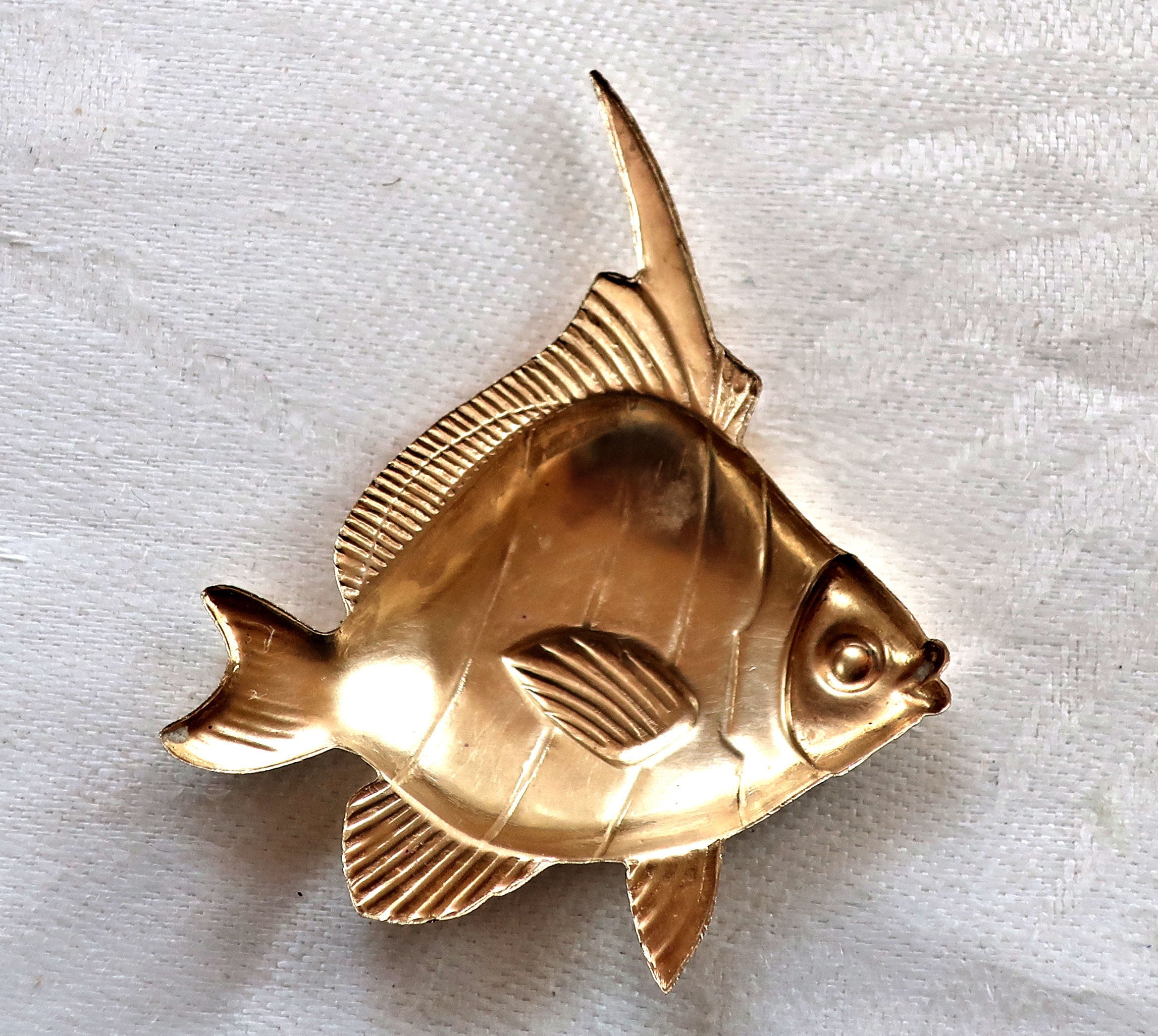 1 Angel Fish raw brass stamping, stylized 1950s retro fish, ornament, pendant, charm, component 54mm x 45mm, made in the USA 4801 - Glorious Glass Beads