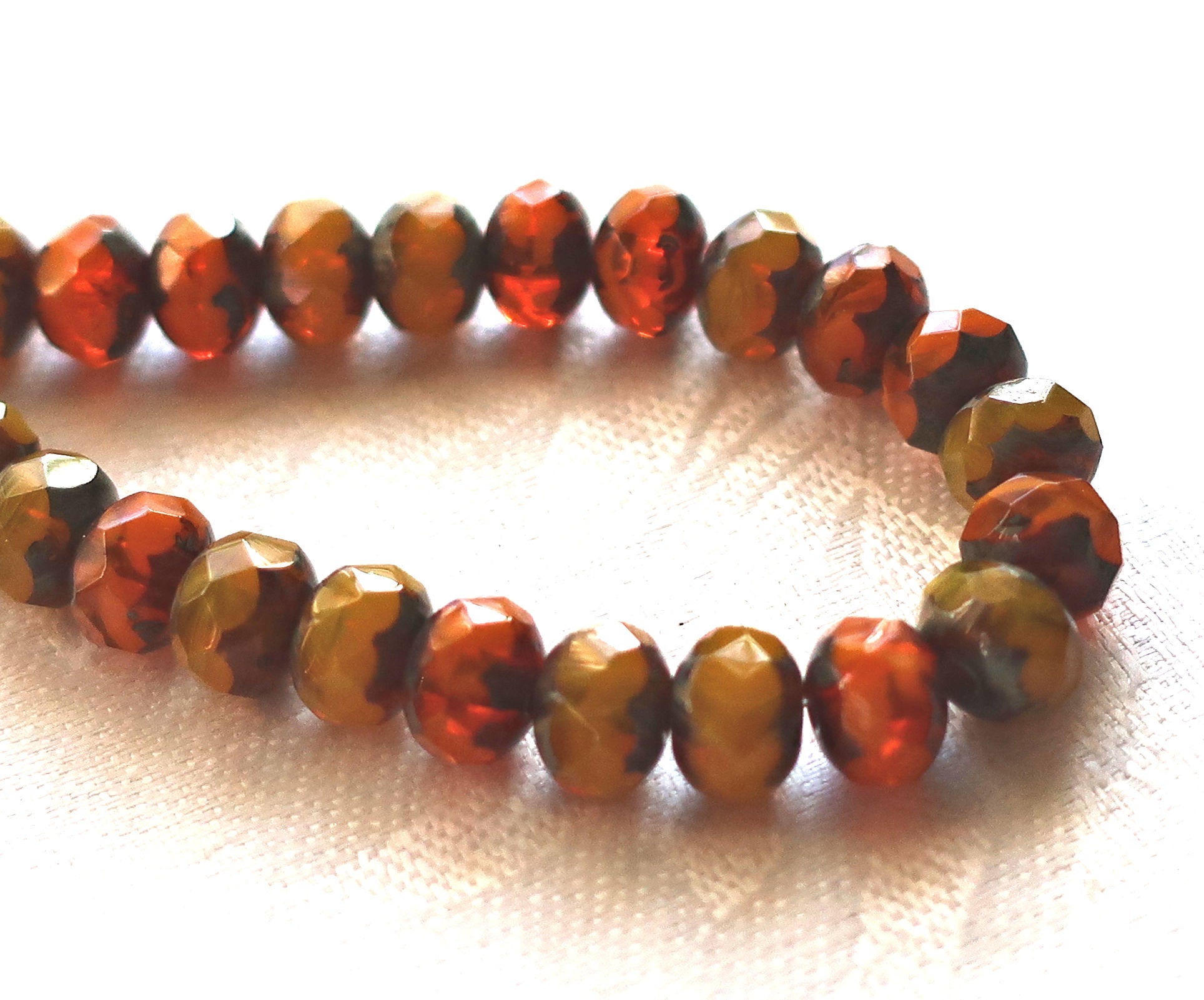 lot of 25 Czech glass faceted puffy rondelle beads, Translucent Orange and Yellow Opal Picasso mix. 6 x 8mm rustic, earthy, rondelles 02301 - Glorious Glass Beads