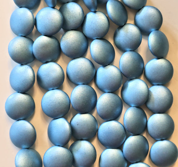 Lot of 8 Czech glass coin beads - 14mm puffy pillow beads - Satin Metallic Arctic Blue - C40101