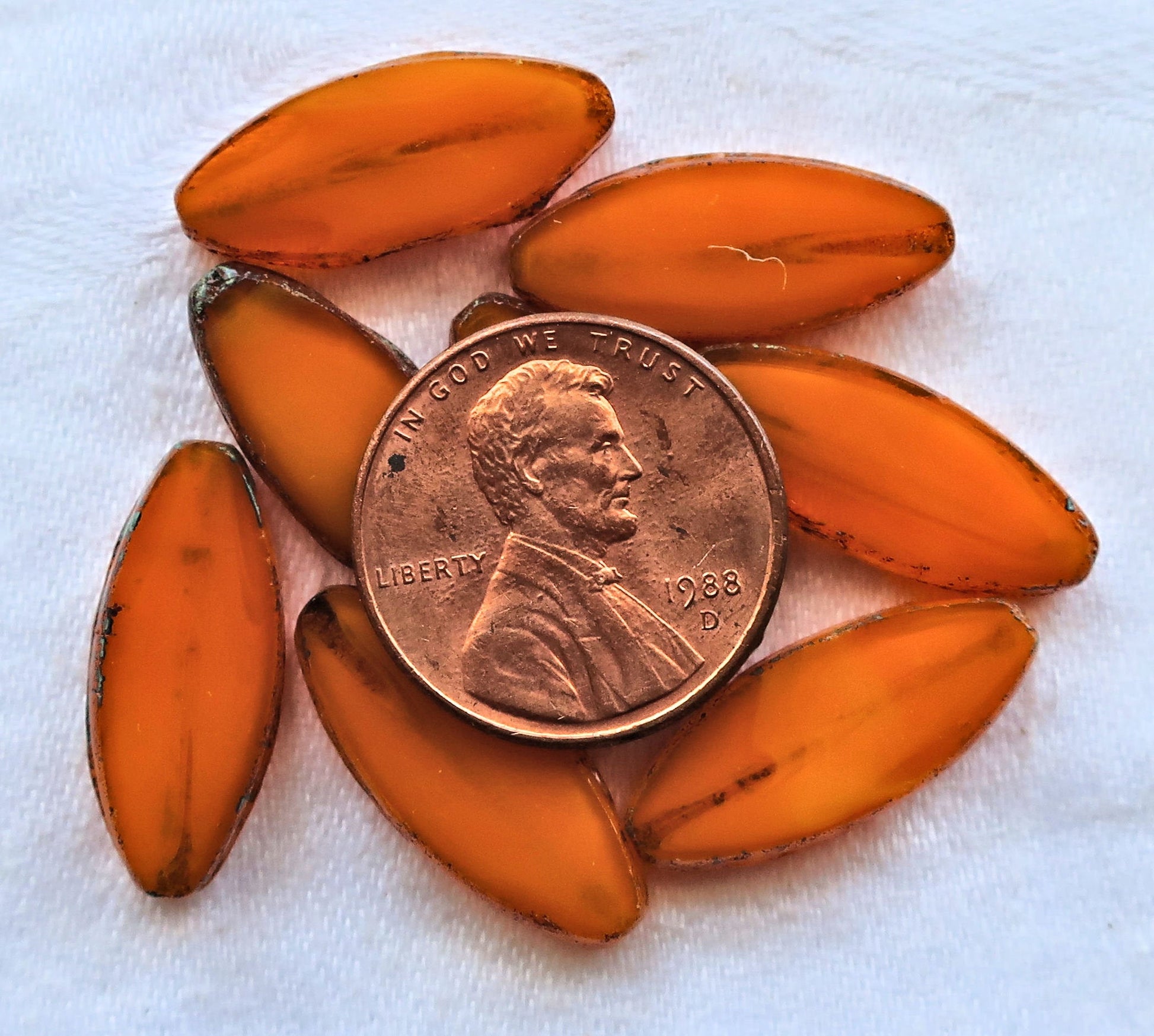 Ten 20 x 9mm Czech glass spindle beads - translucent, marbled, orange, opaline, table cut, picasso almond shaped tube beads C33201 - Glorious Glass Beads