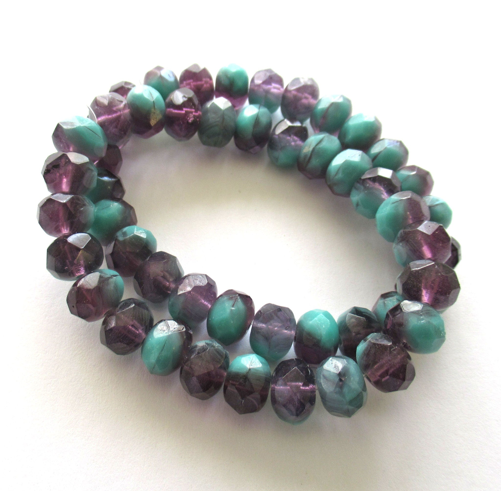 25 Czech glass puffy rondelle beads - 6 x 9mm transparent purple / tanzanite & opaque turquoise blue green color mix faceted rondelles 00662