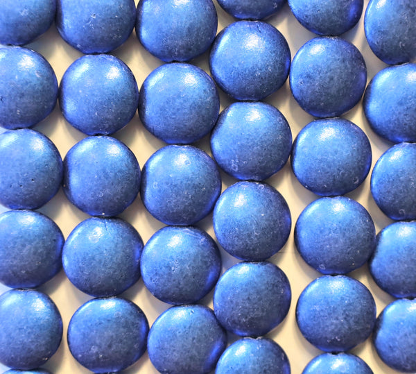 Lot of 8 Czech glass coin beads - 14mm puffy pillow beads - Satin Metallic Blue - C0601