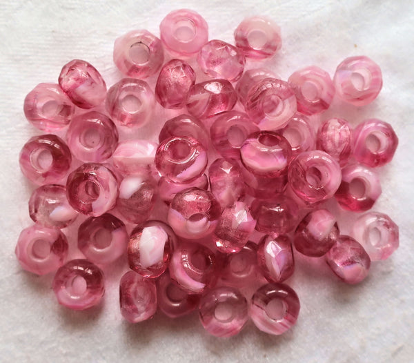 Ten Czech glass faceted roller beads - 8.65mm x 5.32mm opaque & transparent pink and white marbled tyre beads - big 3.38mm hole beads C1901