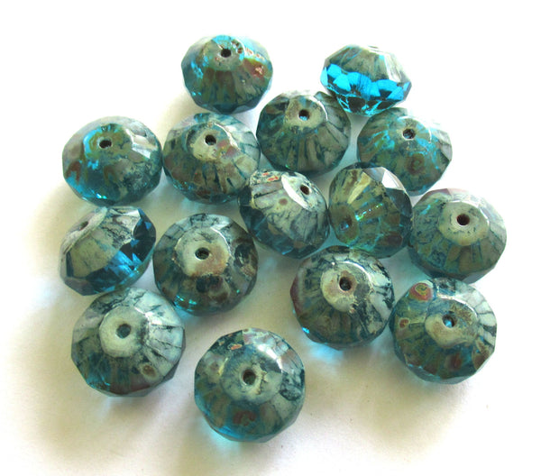 Five Czech large glass faceted rivoli saucer beads - 9 x 13mm aqua blue w/ picasso finish - chunky rustic earthy beads C00822