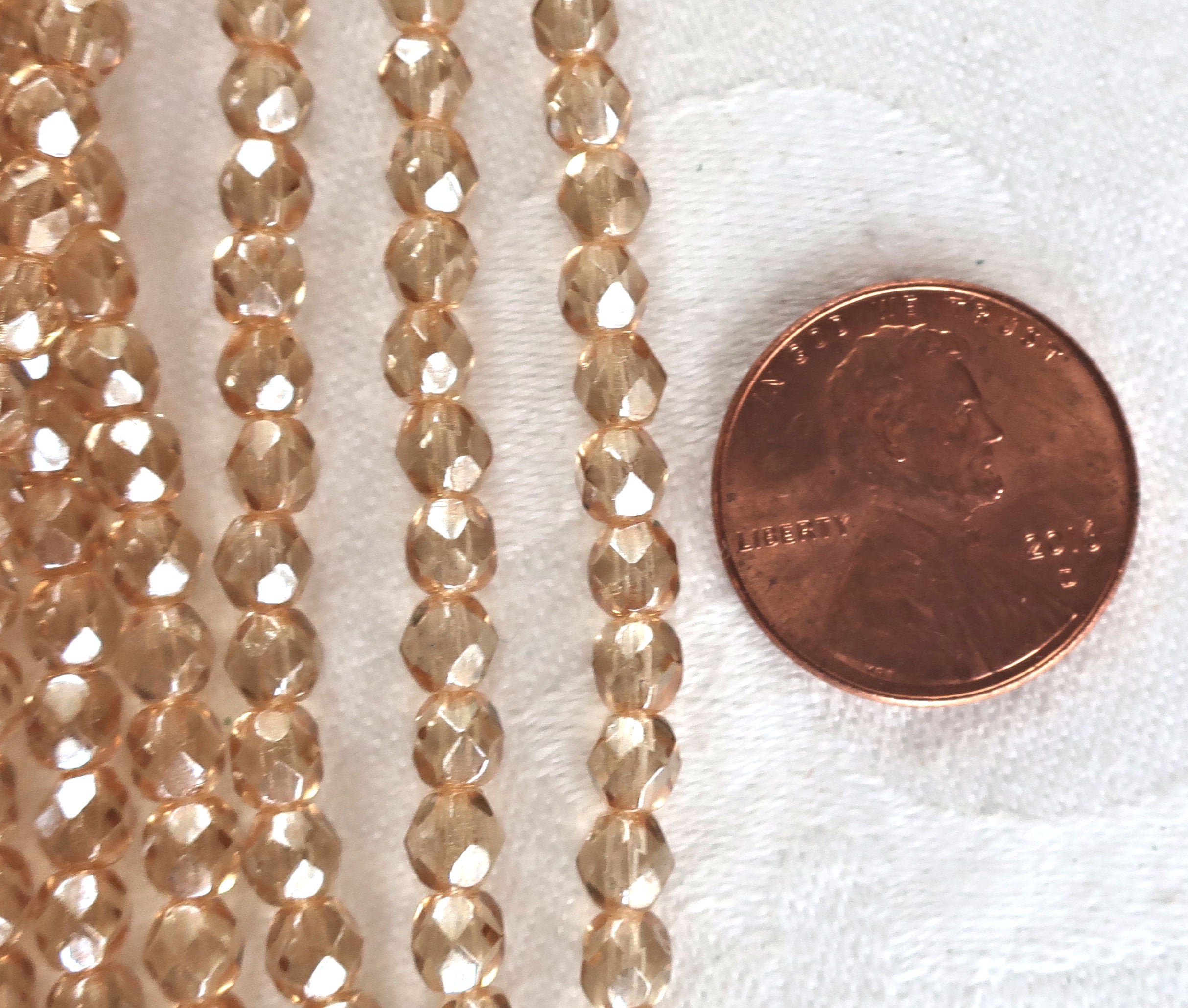 Lot of 50 4mm Transparent Luster Champagne Czech glass beads, neutral firepolished faceted round beads C5550 - Glorious Glass Beads