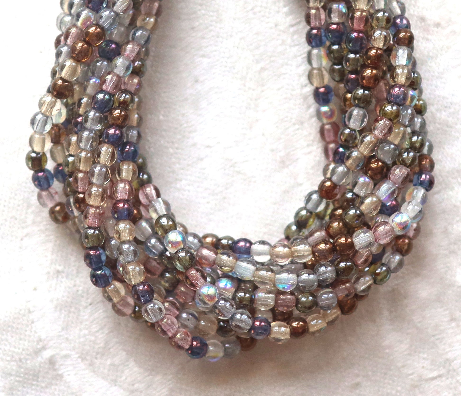 Lot of 100 3mm Czech glass druks, transparent blue, pink, brown, cryatal luster mix, smooth round druk beads, earthy, rustic colors C2401 - Glorious Glass Beads