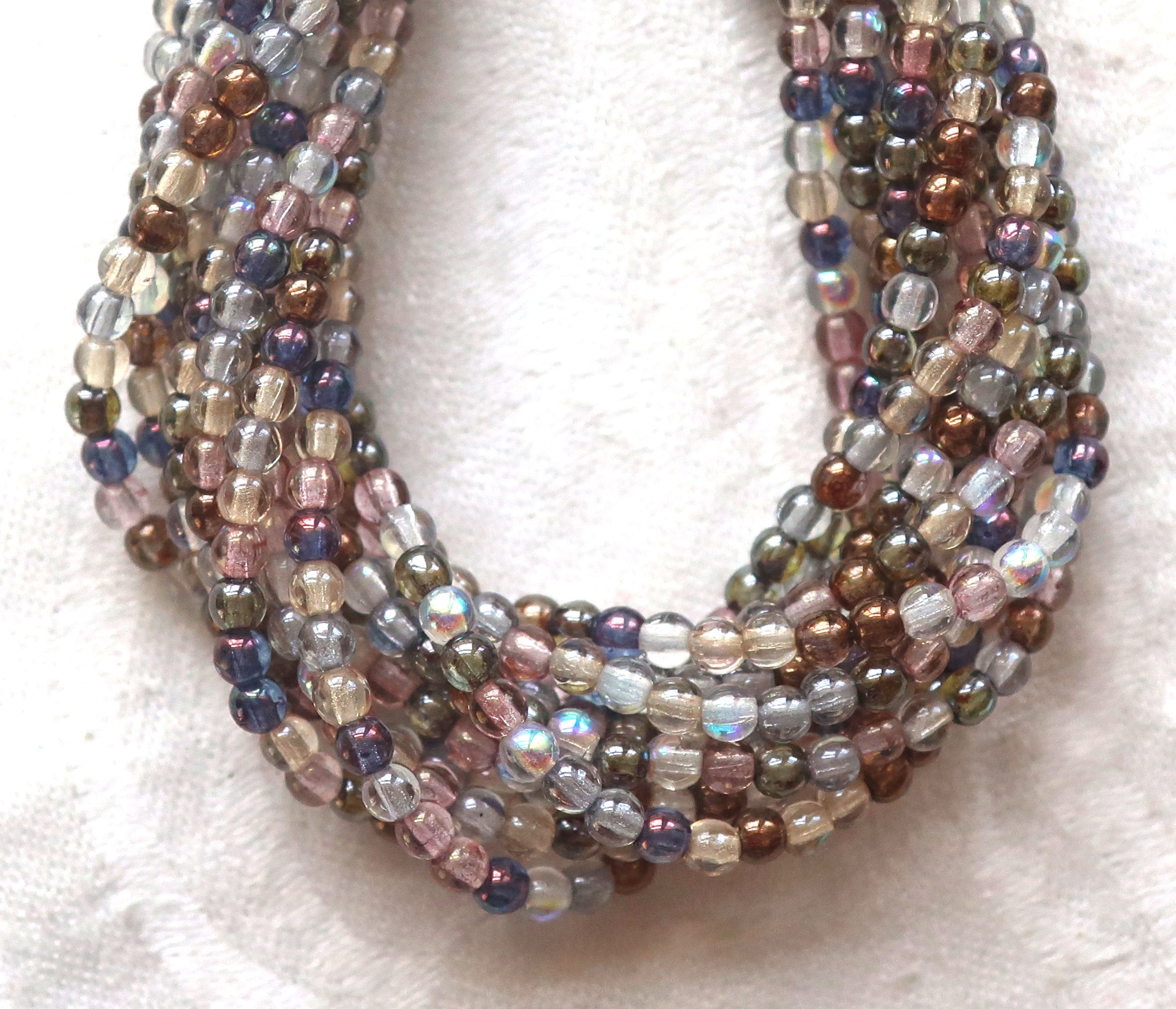 Lot of 100 3mm Czech glass druks, transparent blue, pink, brown, cryatal luster mix, smooth round druk beads, earthy, rustic colors C2401 - Glorious Glass Beads