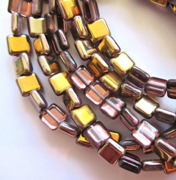 Lot of 30 8mm one hole flat square Czech glass beads - apollo gold beads with an iridescent AB finish C0085
