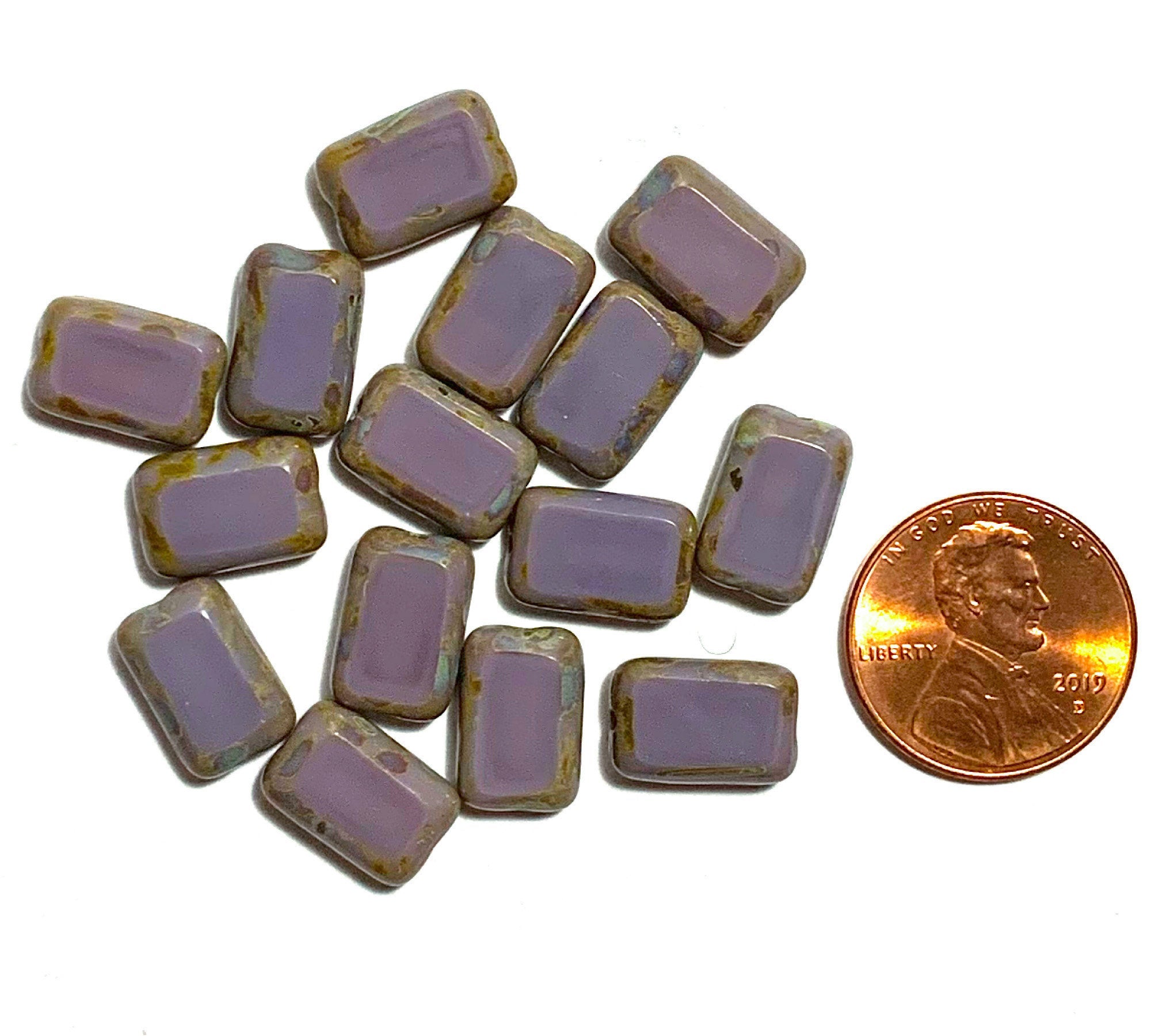Ten Czech glass rectangle beads - 8 x 12mm opaque purple w/ a Picasso finish along the edges - table cut beads - C0078