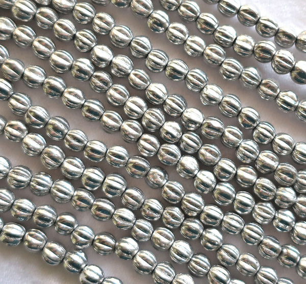 Fifty 5mm silver glass melon beads, Czech pressed glass beads C71150 - Glorious Glass Beads