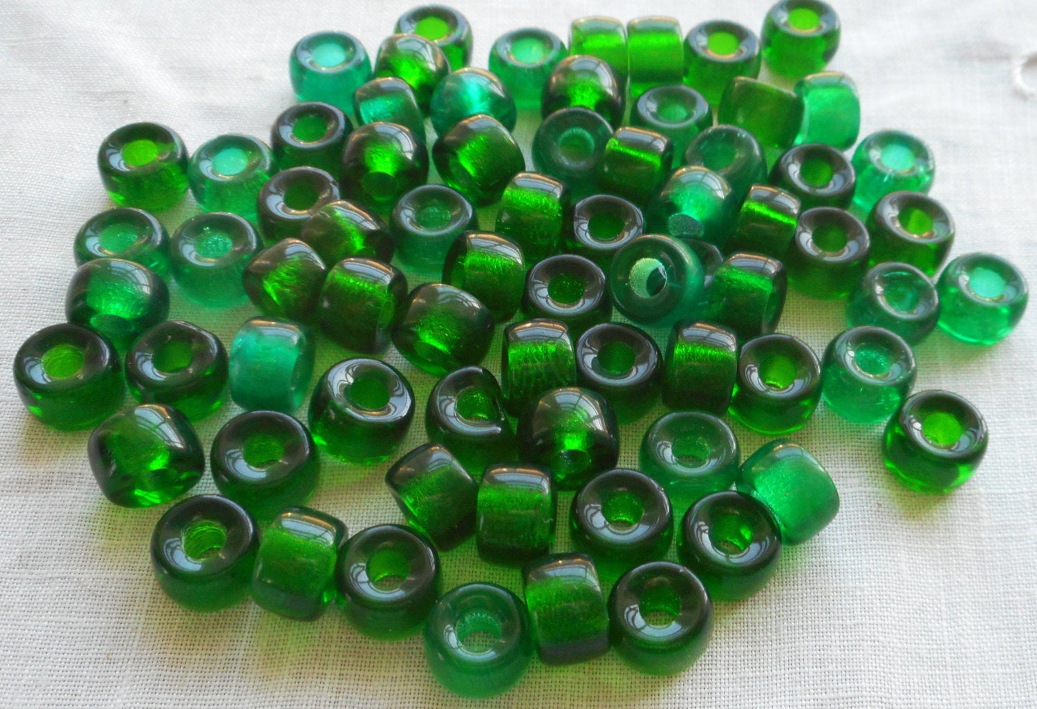 25 9mm Czech transsparent Emerald green glass pony roller beads, large hole crow beads, C0057