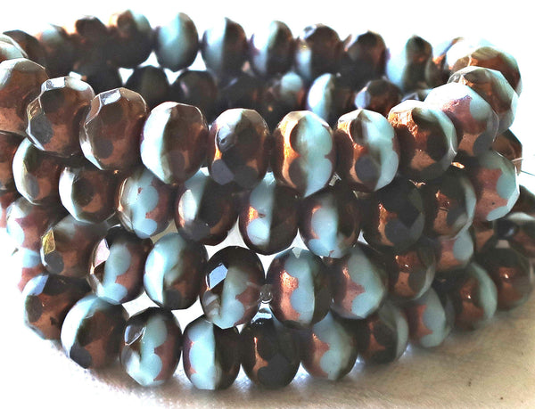 25 Czech glass puffy rondelle beads, 6 x 9mm, opaque brown & blue color mix faceted rondelles, bronze picasso finish C52325
