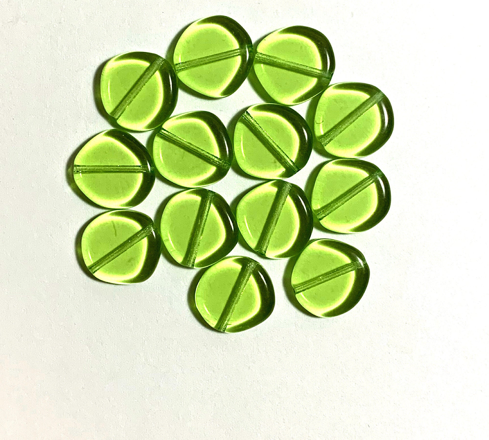 Ten 15mm Czech glass asymmetrical coin or disc beads - Peridot green beads - C0084