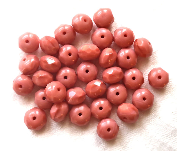 25 Czech glass faceted puffy rondelle beads, 6 x 8mm opaque silky salmon pink rondelles on sale 57101 - Glorious Glass Beads