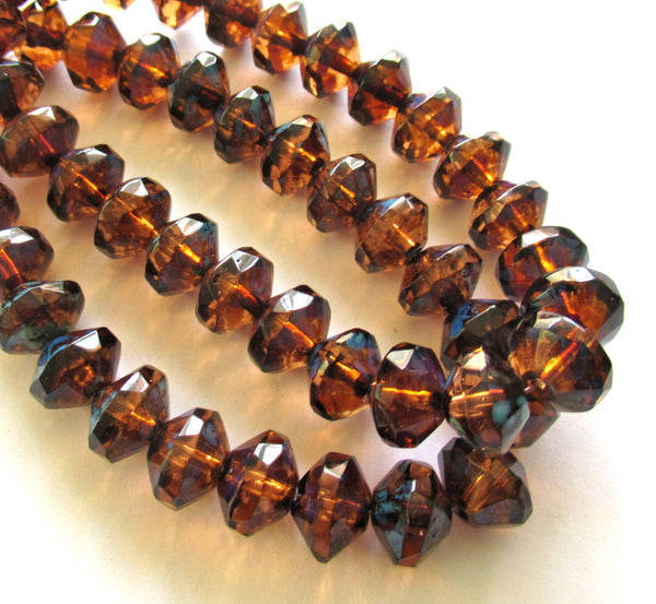 Lot of 25 Czech glass faceted rivoli saucer beads - 7 x 11mm brown / smoky topaz w/ picasso finish C00822