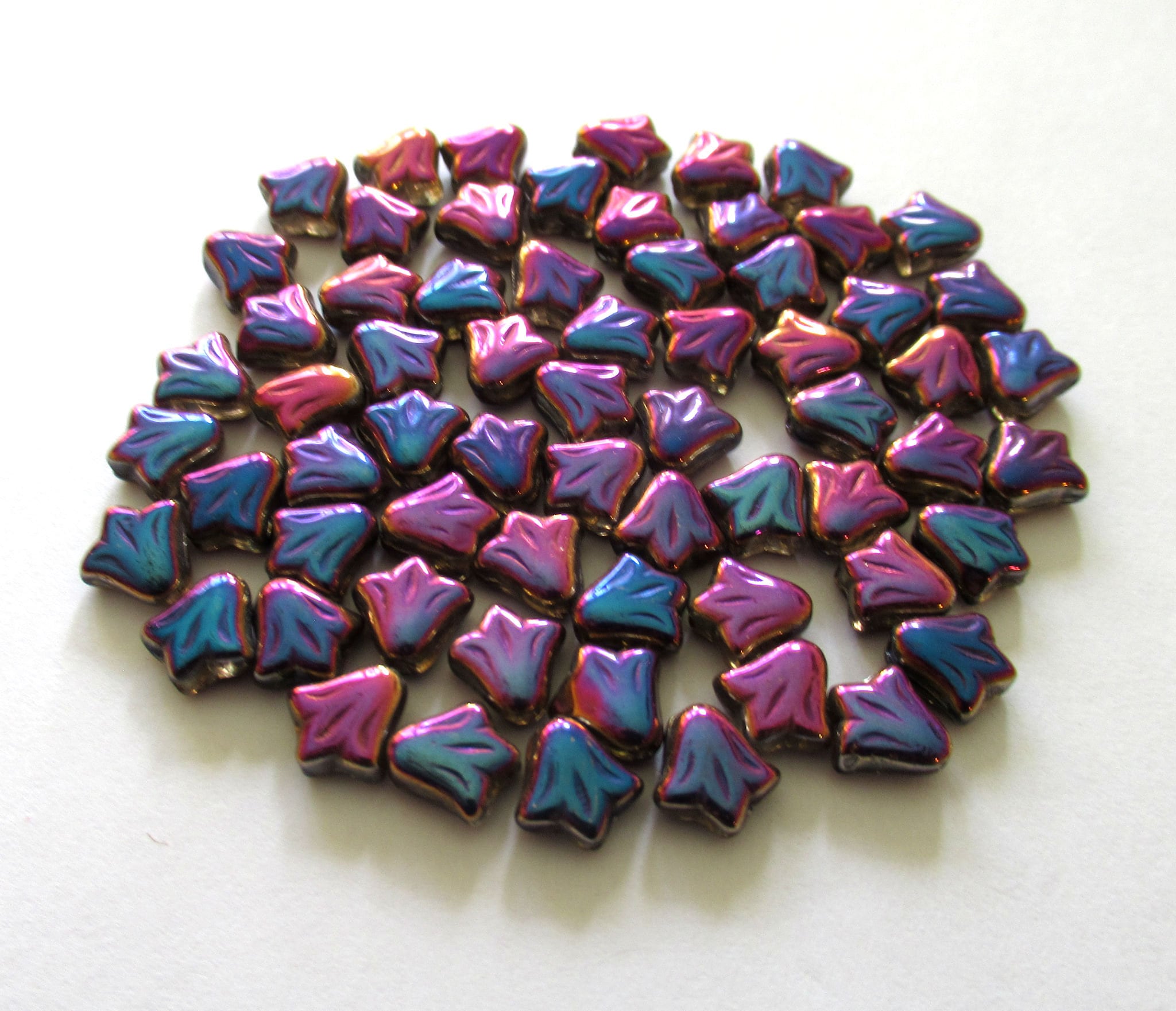 Lot of 25 9mm Czech glass flower beads - blue, pink & purple metallic rainbow pressed glass lily flower beads C0088
