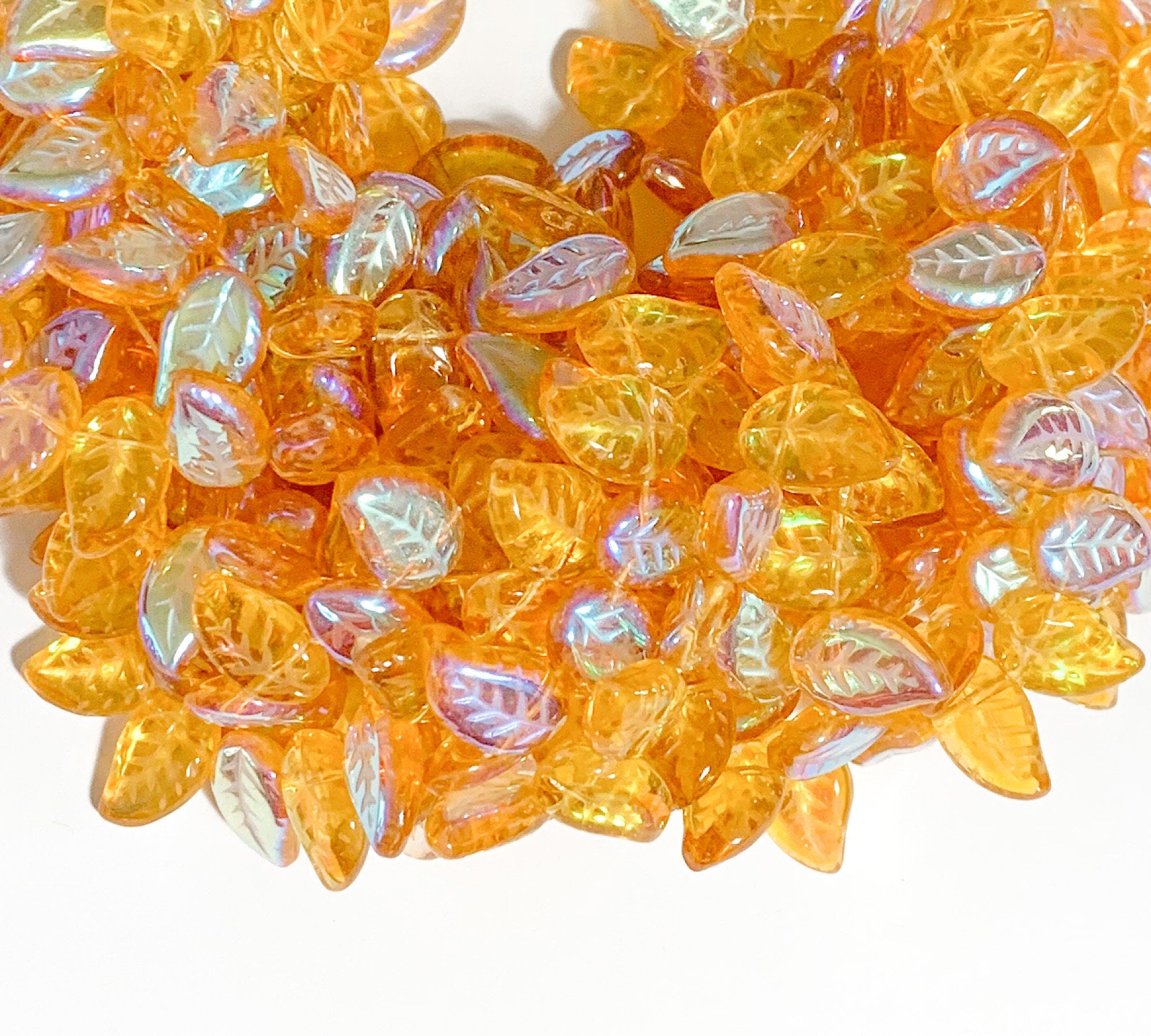 25 Czech glass side drilled eucalyptus leaf beads - 12 x 9mm topaz AB leaves - textured pressed glass beads - C0077