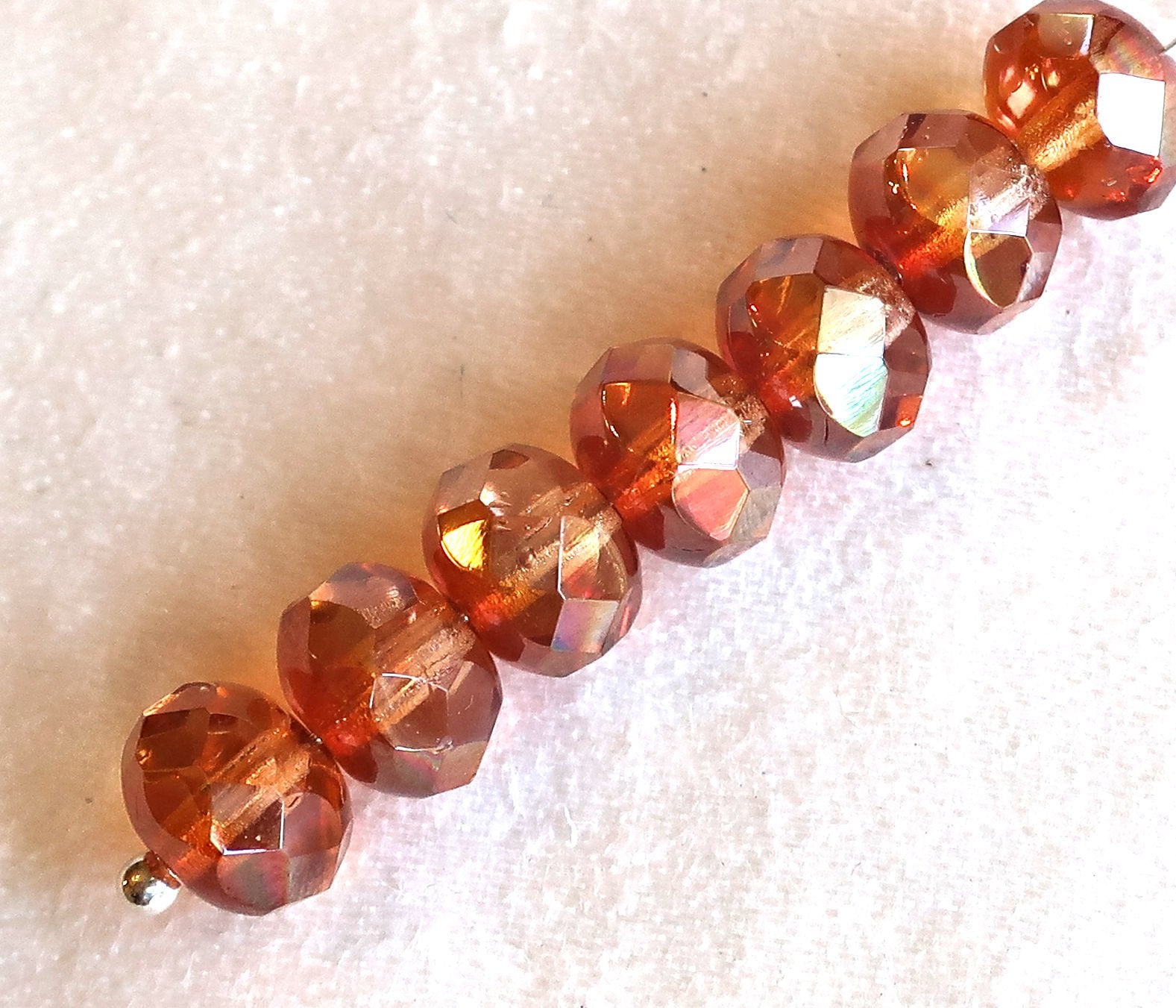 25 Czech glass puffy rondelles, 6 x 8mm transparent pink / apricot AB color mix, faceted puffy rondelle beads, sale price 50101 - Glorious Glass Beads