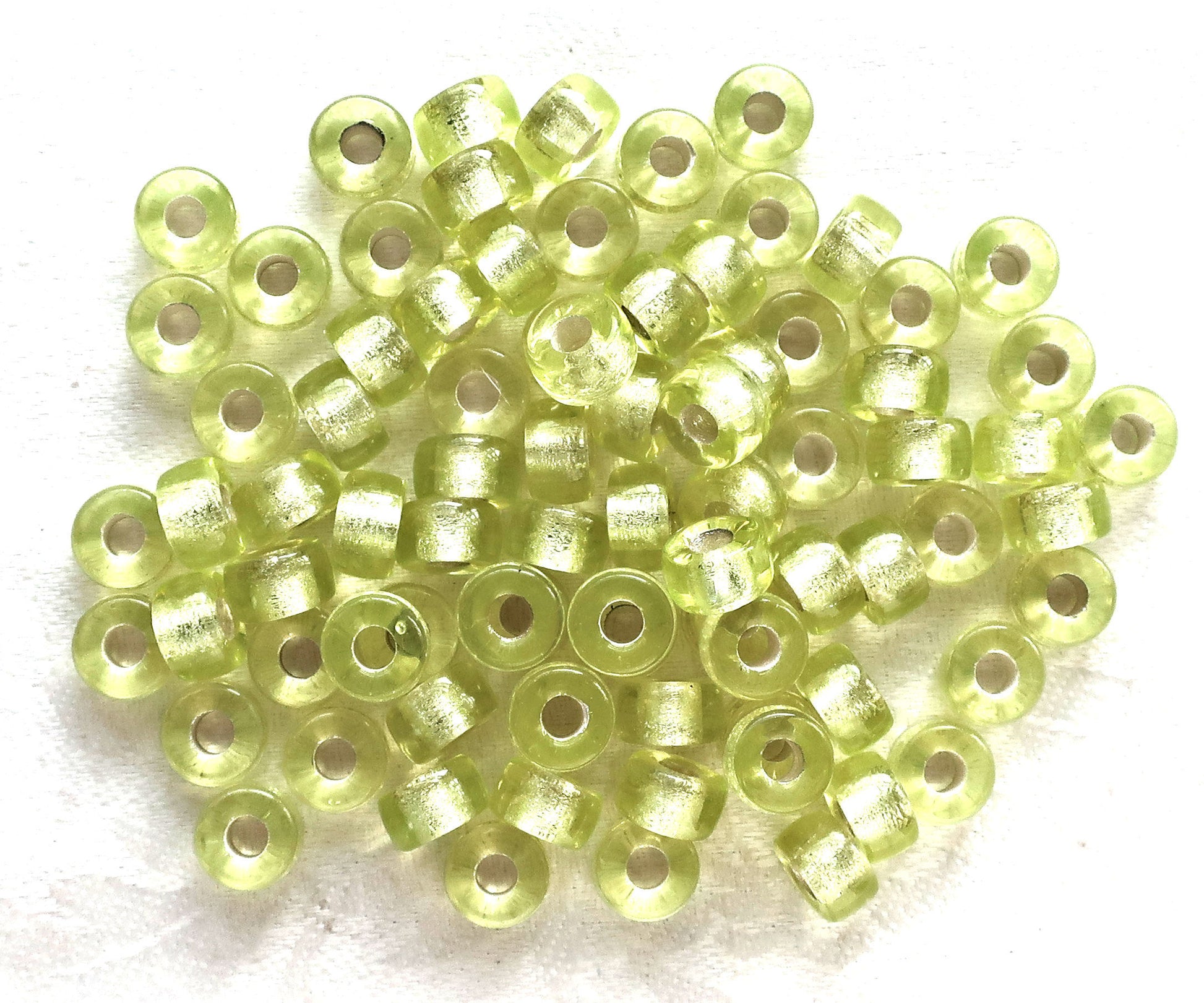 Lot of 25 9mm Jonquil yellow green silver lined Czech glass pony roller beads, large hole crow beads, C4601 - Glorious Glass Beads