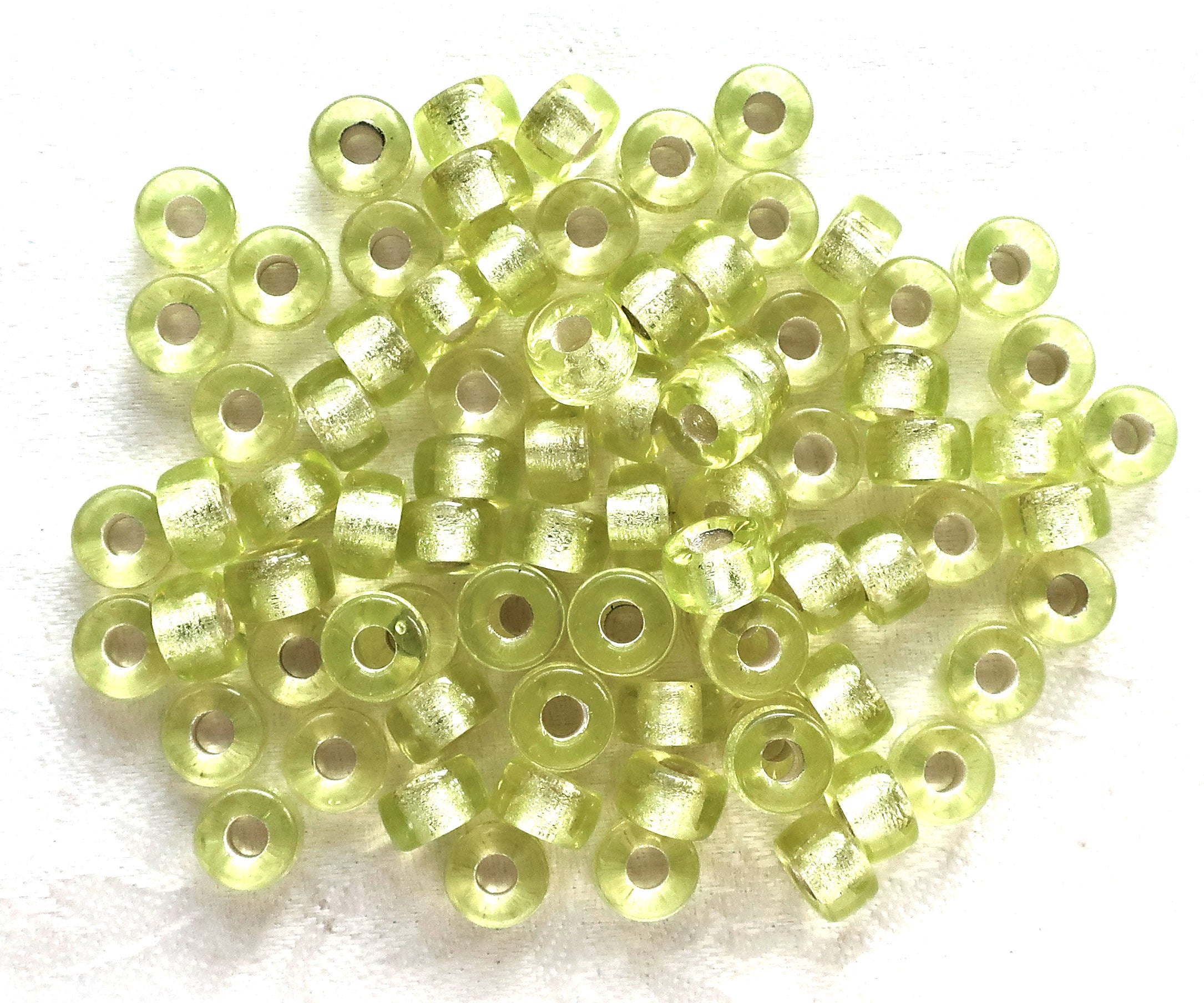 Lot of 25 9mm Jonquil yellow green silver lined Czech glass pony roller beads, large hole crow beads, C4601 - Glorious Glass Beads