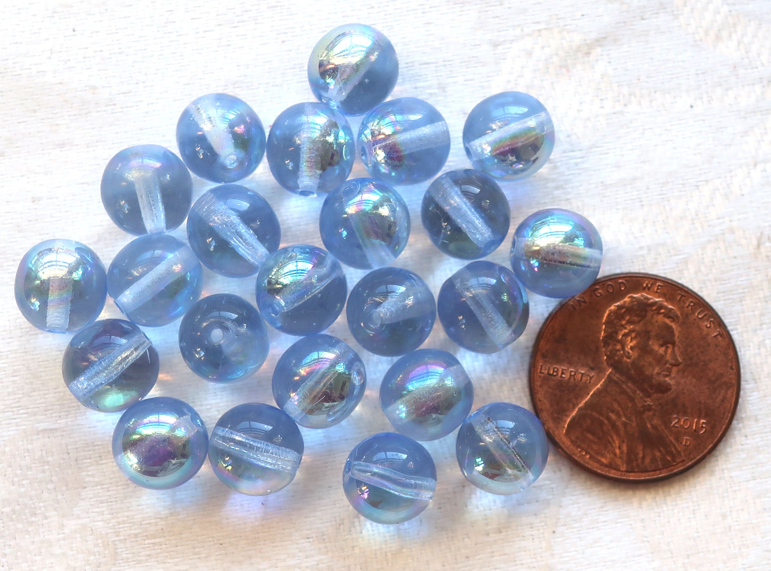 Lot of 25 8mm Czech glass druks, Light Sapphire Blue AB smooth round druk beads C9301 - Glorious Glass Beads