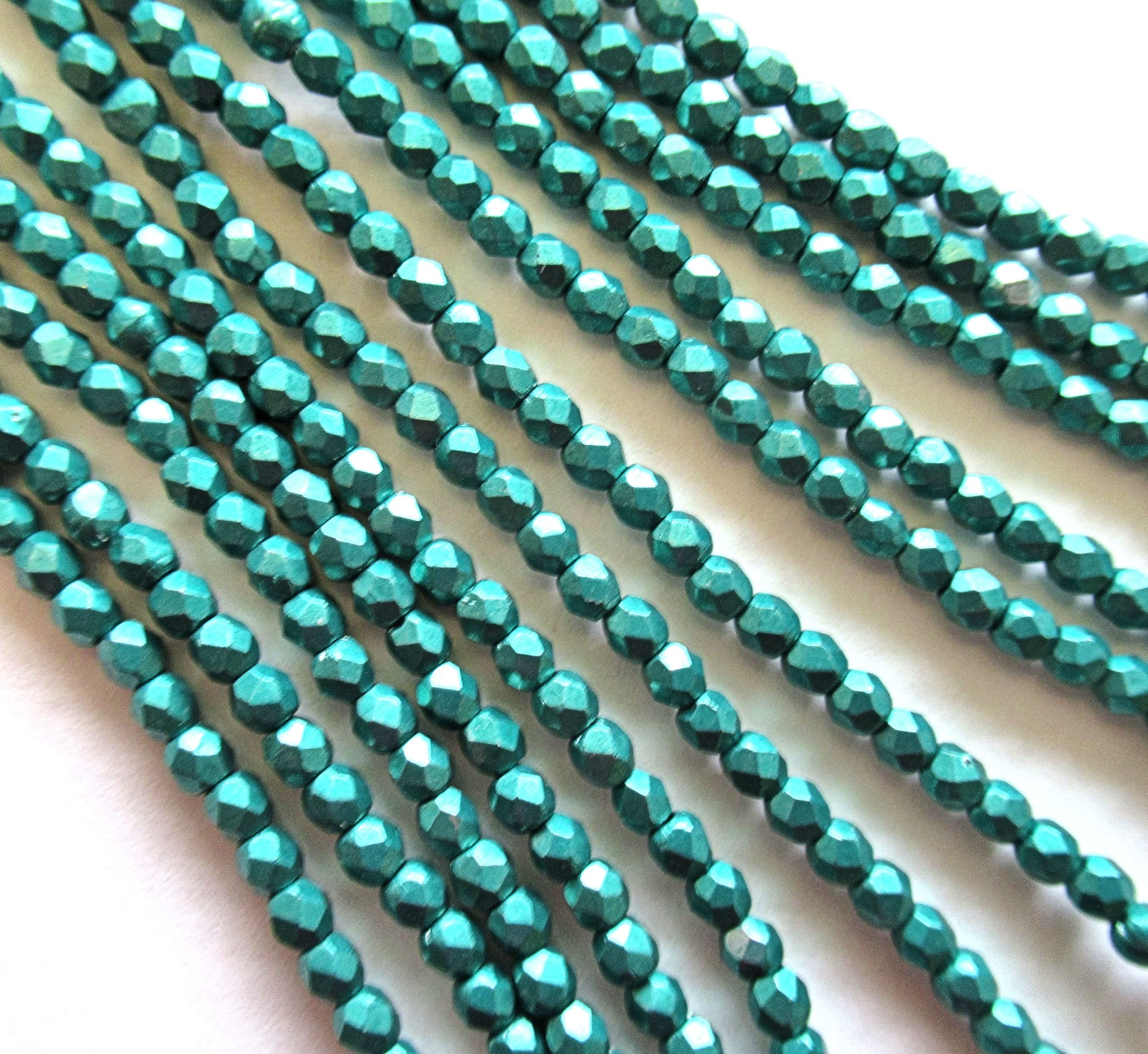 Fifty 3mm faceted fire polished Czech glass beads - saturated arcadia matte metallic teal green beads- C0063