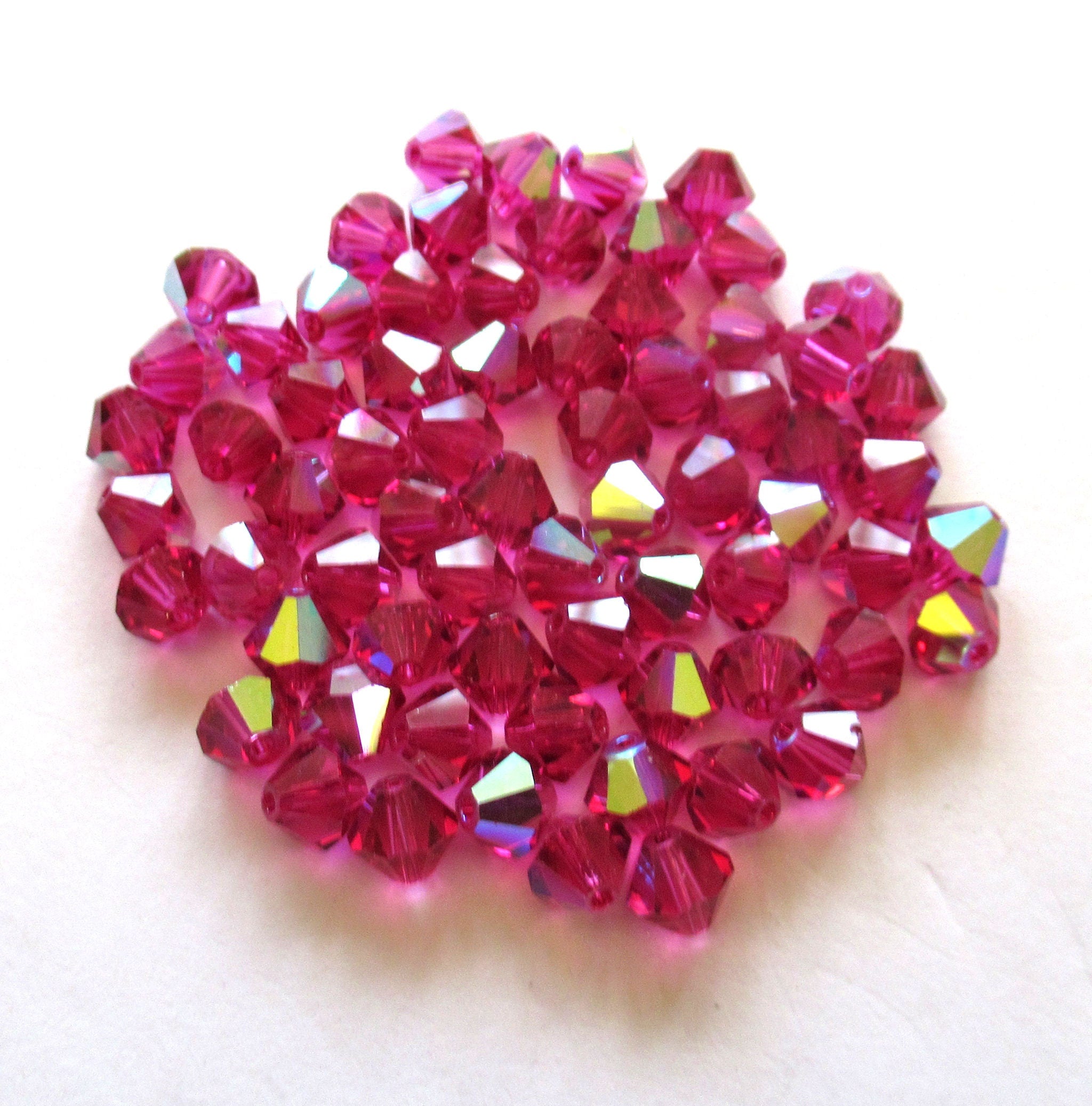 Lot of 24 6mm Czech glass Preciosa Crystal bicone beads - bright fuchsia pink AB - hot pink faceted glass bicones C00221