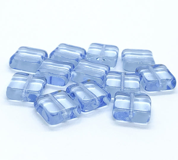 Twenty 9mm square Czech glass beads - transparent light sapphire blue pressed glass beads C0007