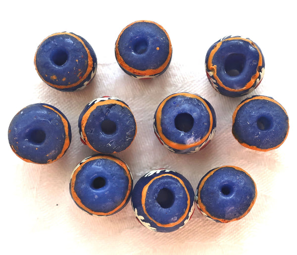 Lot of 5 African Krobo round glass flower beads, blue, white, red & orange, 11-13mm, big 2mm hole rustic, earthy beads - Glorious Glass Beads