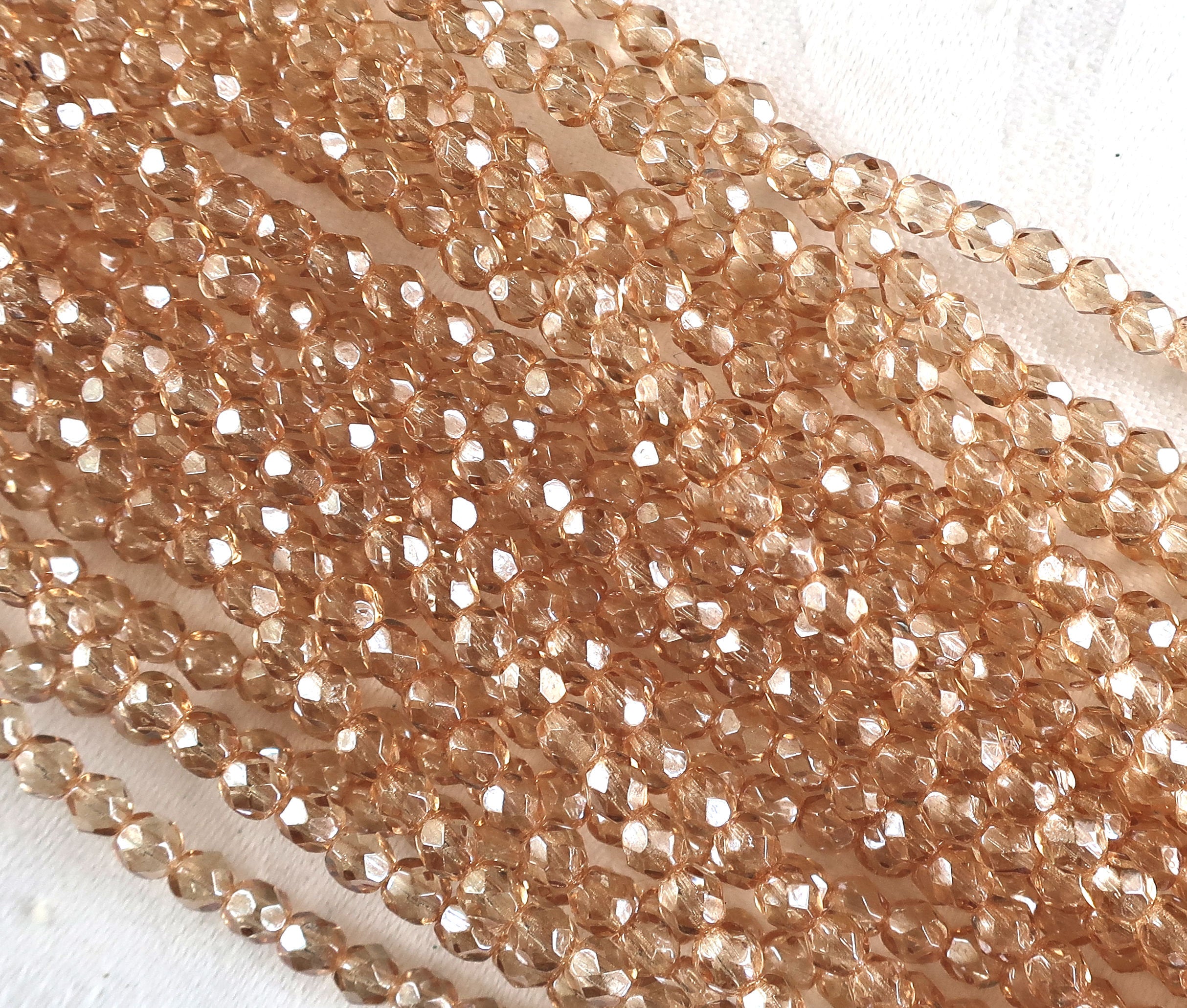 Lot of 50 4mm Transparent Luster Champagne Czech glass beads, neutral firepolished faceted round beads C5550 - Glorious Glass Beads
